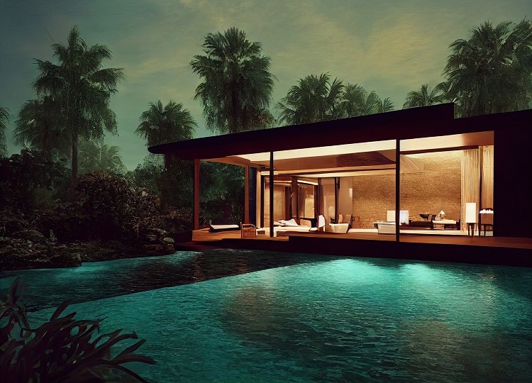 Luxury pool villa spectacular contemporary design digital art real estate , home, house and property, Generative AI illustration.