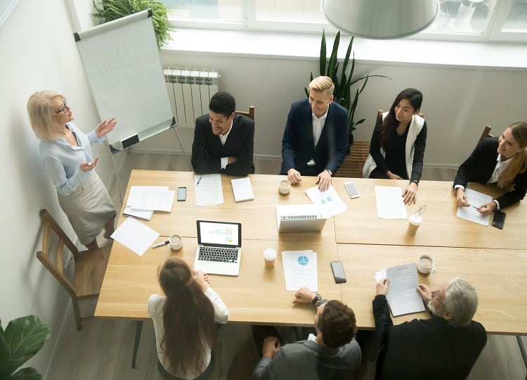 Aged senior businesswoman giving presentation at multiracial gro